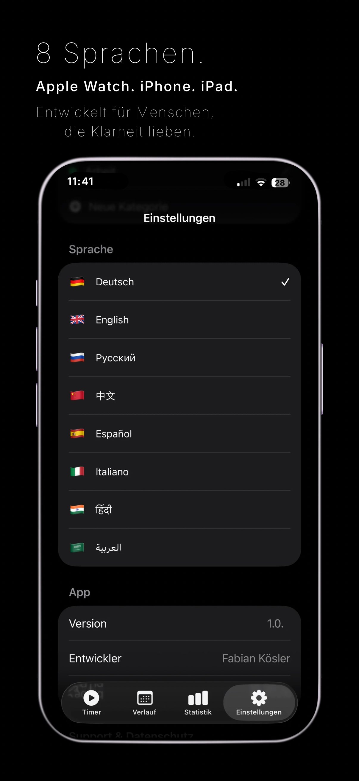 TaqTiq Einstellungen — 8 Sprachen, Apple Watch, iPhone, iPad
