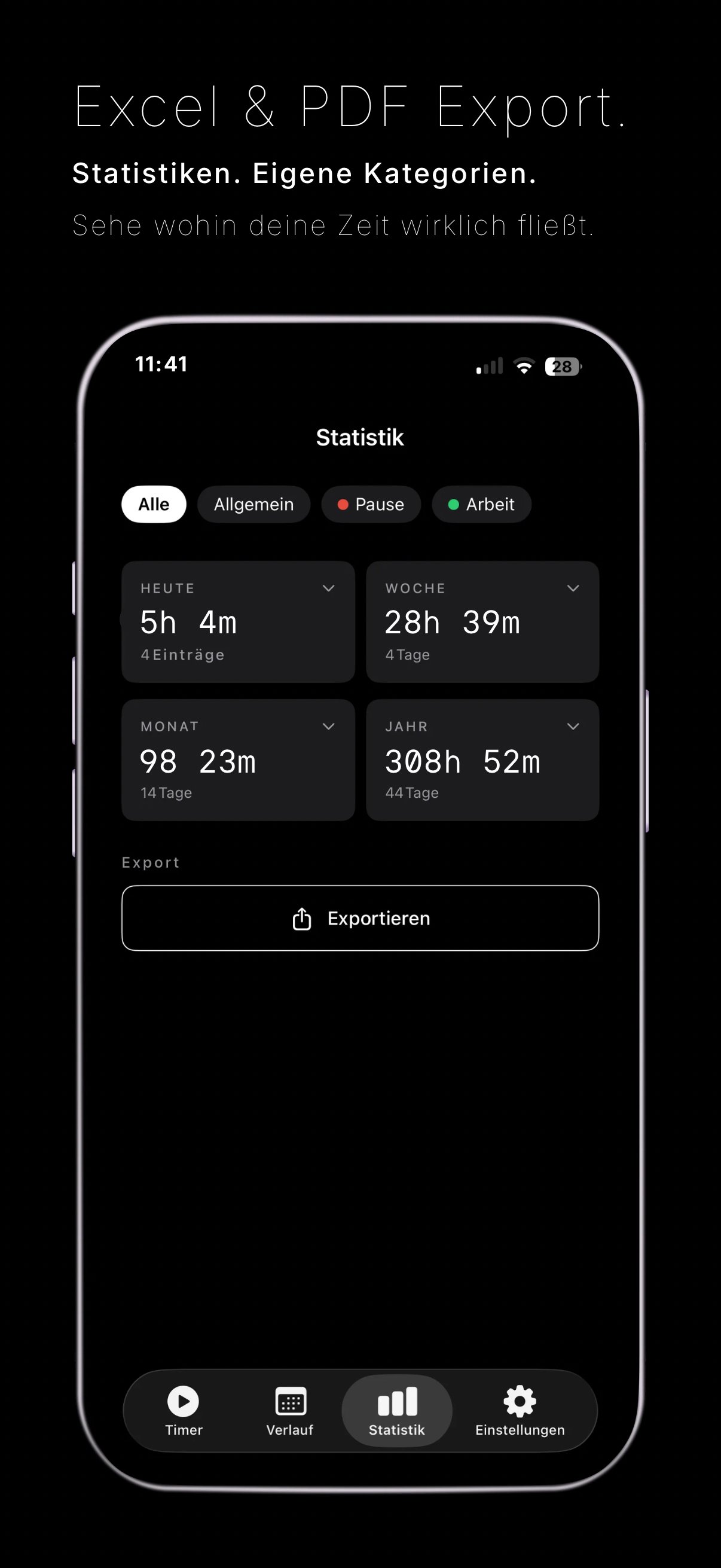 TaqTiq Statistik — Excel & PDF Export, eigene Kategorien