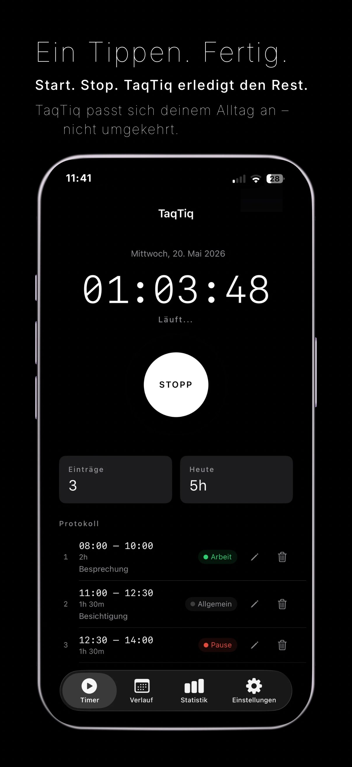 TaqTiq Timer-Screen — Ein Tippen, fertig
