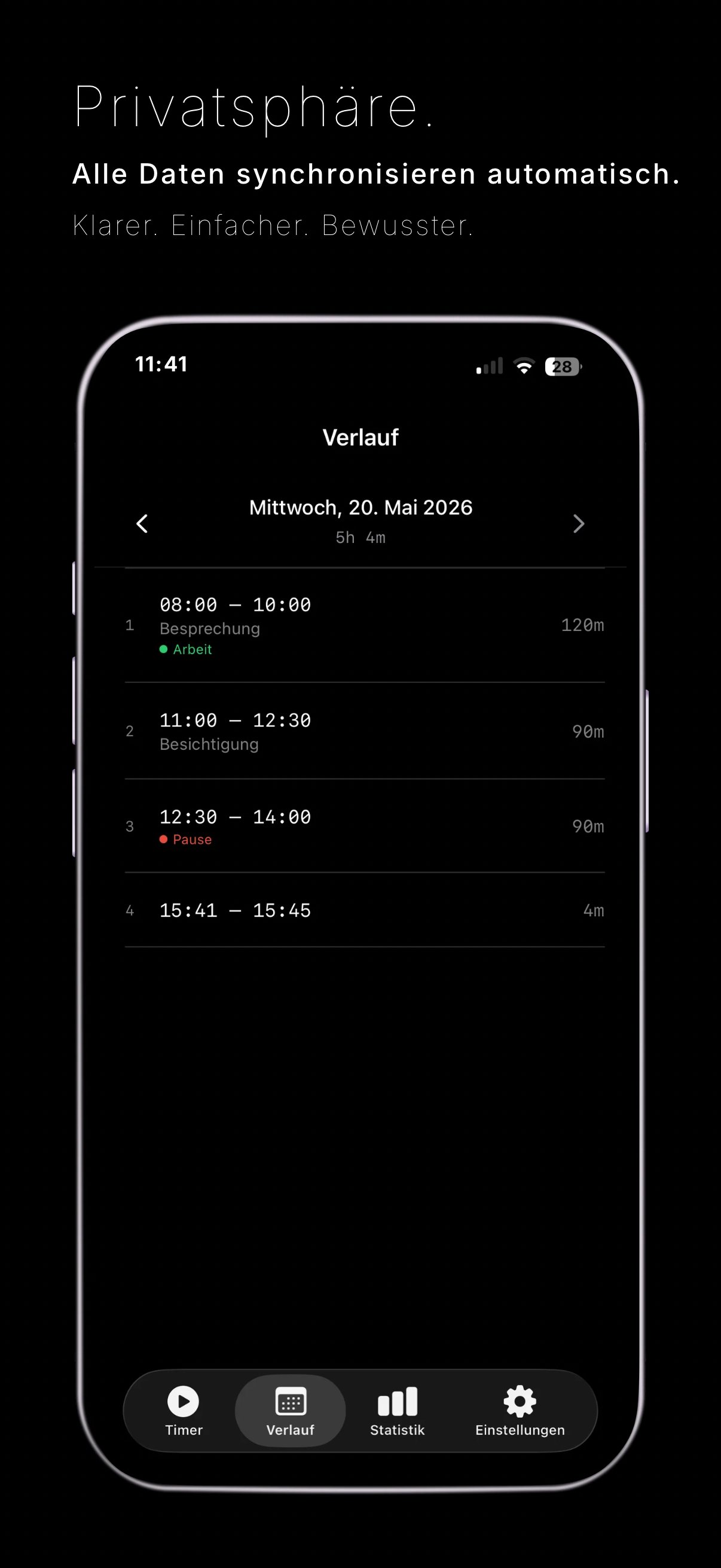 TaqTiq Verlauf — Privatsphäre, alle Daten synchronisieren automatisch